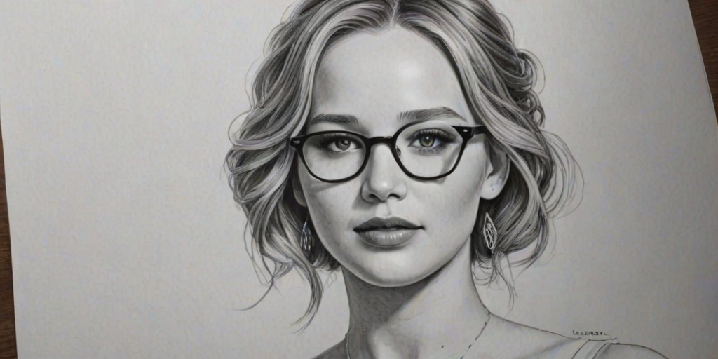 Pleasing Jennifer Lawrence, pencil sketch, portrait of Elegant woman 1962s in glasses, hair style beatnik, outline, clear lines, fine lines, 8k