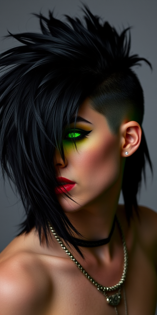 Neon green underlights peeking through a jet black mullet, Electric Rebel cut, featuring a bold contrast between classic punk and modern edge