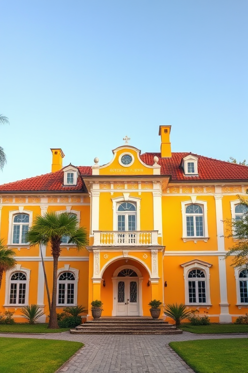 Capture a high-resolution image of a yellow historic mansion with white accents and a red tiled roof, shot from a straight-on perspective using a DSLR camera with a wide-angle lens at f/8, ISO 100, and a shutter speed of 1/250s, to enhance detail and clarity.