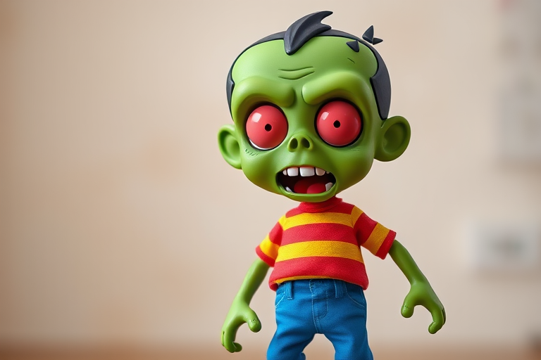 Create a vibrant cartoon character of a green zombie with red eyes wearing a striped red and yellow shirt and blue pants, captured in a 35mm lens with f/4 aperture, ISO 100, and a soft-focused background for a playful and lively effect.