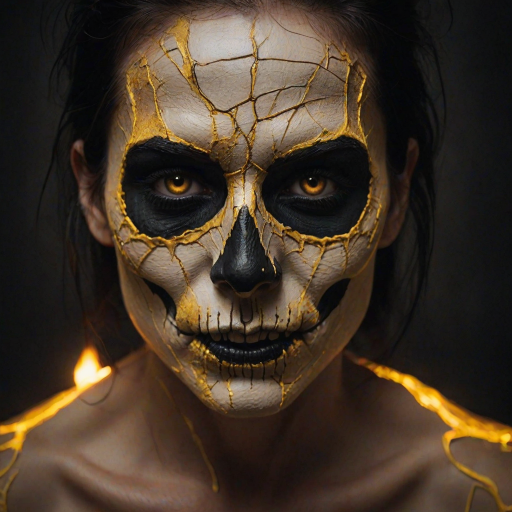 Create image featuring a close-up of a face painted like a skull. The skin is predominantly white with textured, cracked paint. The eye sockets are painted black, blending into the natural shadows of the eyes, creating a deep, hollow look. Bright, intense golden-yellow lights radiate from the eyes, casting a warm glow that contrasts with the cold, esoteric background. The nose is painted black in the shape of a spade. The mouth area features black lines extending from the corners, resembling a stitched effect. The face has sporadic black hair strands that frame it dramatically, adding to the eerie yet captivating feel. The background is blurred and dark, enhancing the focus on the face. Small, glowing orange embers are scattered sporadically across the image, contributing to the mysterious and magical atmosphere. The overall style is hyper-realistic with an emphasis on the contrast between light and dark elements, giving it an almost supernatural