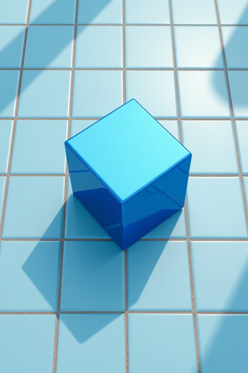 generate a high-resolution image of a reflective blue cube positioned on a grid of light blue tiles with soft shadows, using a DSLR camera with a 50mm lens, aperture f/8, ISO 100, and a focal length of 50mm, capturing a top-down view in natural lighting.
