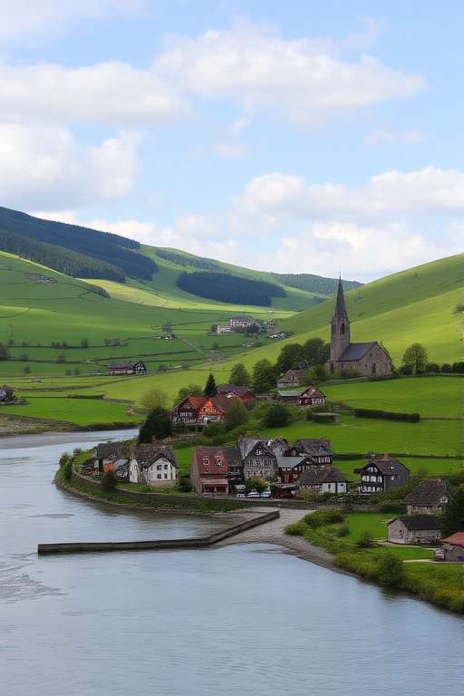 a picturesque village by a river surrounded by rolling green hills and fields, featuring traditional houses and a church steeple in the distance under a partly cloudy sky