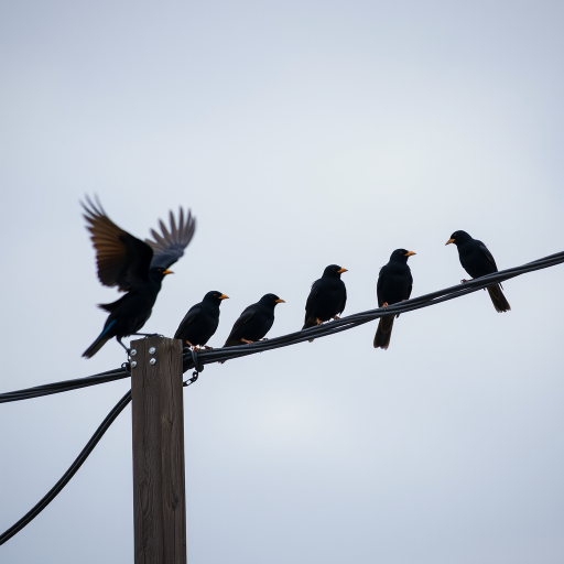 Capture a high-resolution image of a group of starlings perched on a power line with one bird taking flight, using a DSLR camera, 85mm lens, aperture f/8, shutter speed 1/500 sec, ISO 400, natural soft light, shot from a low angle to emphasize the birds against an overcast sky.