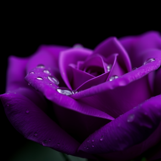 A close-up of a purple rose with water droplets on its petals, captured with a Canon EOS R5 at f/2.8, 1/125 sec, ISO 100, in soft focus on a black background for enhanced detail and contrast.