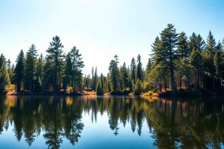 a serene landscape of a calm lake surrounded by towering pine trees under a clear blue sky, reflections mirrored in the water, shot with a Canon EOS 5D Mark IV at f/8, 1/125 sec, ISO 100, wide-angle view, natural light for enhanced colors and clarity