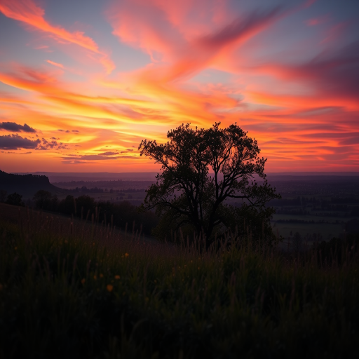 Create a high-resolution image of a serene landscape at sunset with vibrant colors, using a Canon EOS R5, 35mm lens, f/2.8 aperture, ISO 100, 1/125s shutter speed, capturing a wide-angle view with a soft focus effect.