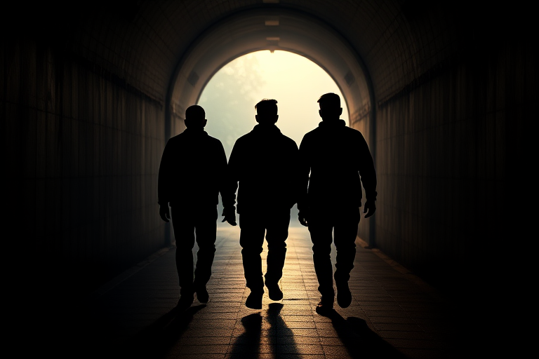 Capture a silhouette of three figures walking through a dark tunnel with soft light at the end, using a Canon EOS 5D Mark IV, aperture f/8, shutter speed 1/125 sec, ISO 200, with a wide-angle lens at a slight low angle view to enhance depth and contrast.
