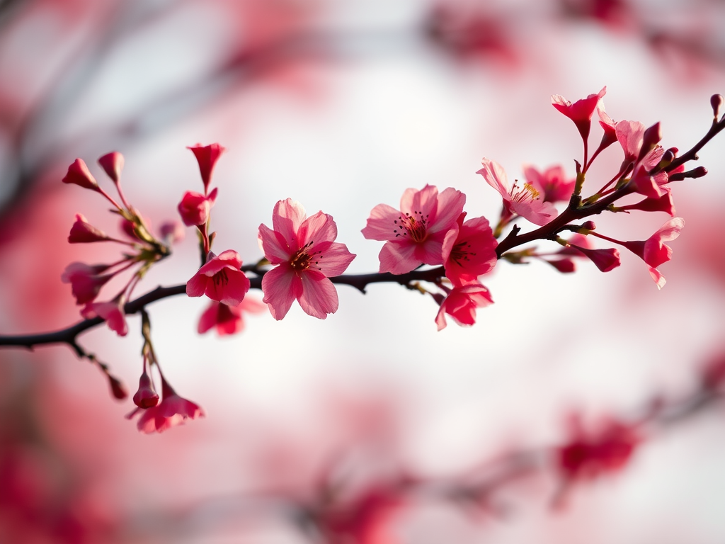 regenerate an image of a flowering cherry blossom branch with vibrant red flowers and dark branches against a soft, blurred background, using a DSLR camera with a 50mm lens, aperture f/2.8, ISO 200, and a shallow depth of field for enhanced detail and richness in colors.
