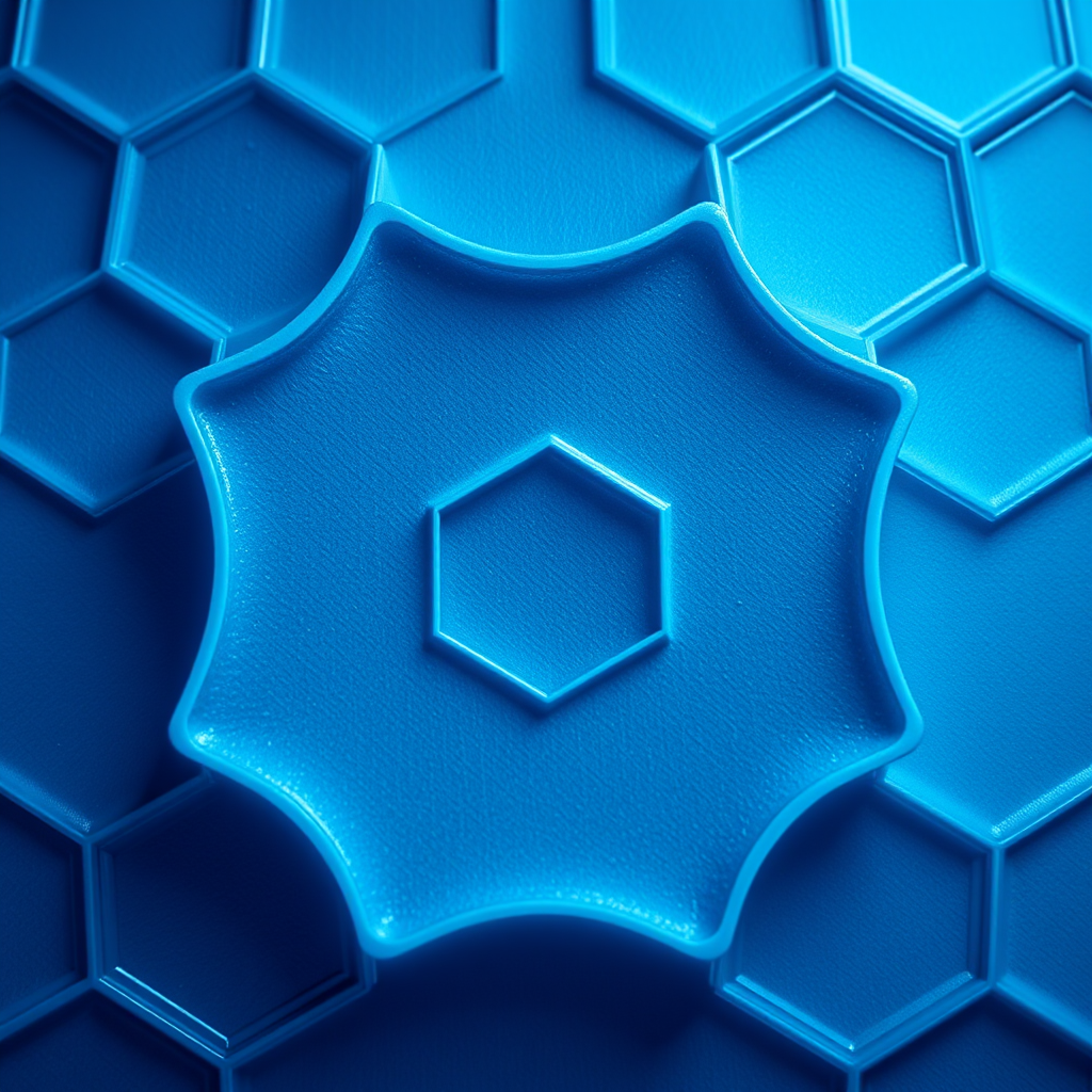 create a high-resolution image of a blue hexagonal pattern with a texture, using a macro lens on a DSLR camera, f-stop 11, ISO 100, 1/200s shutter speed, top-down view, soft lighting to enhance details and shadows