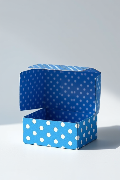 Create a high-resolution image of an open blue polka-dotted box on a plain background, using a Nikon D850 camera with a 50mm lens, f/1.8 aperture, ISO 100, and a soft natural light source to enhance shadows and details.