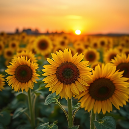 a vibrant sunflower field at sunset with a shallow depth of field, ISO 200, f/2.8, 1/250 sec, wide-angle lens, DSLR camera, golden hour lighting, rich colors and detailed textures