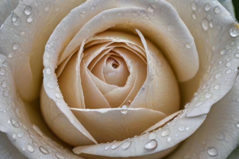 close-up of a white rose with water droplets on its petals, showcasing intricate details and soft textures