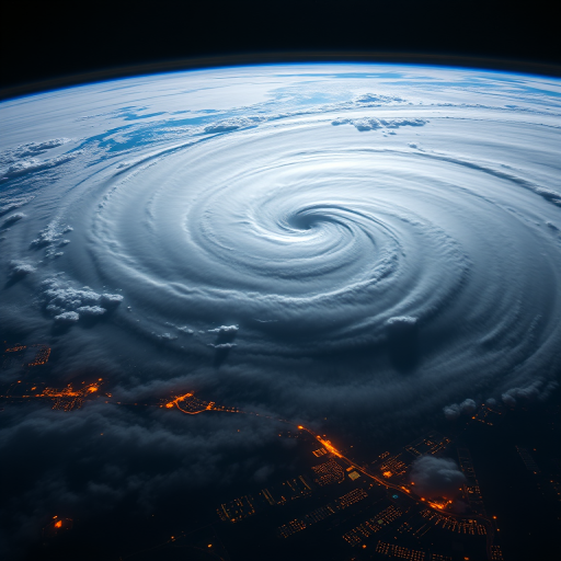 A breathtaking view of Earth from space capturing a swirling hurricane in the atmosphere, with city lights glowing below, shot with a DSLR camera using a 16mm lens at f/2.8, ISO 800, 1/60s shutter speed, in a wide-angle perspective to enhance detail and vibrancy.