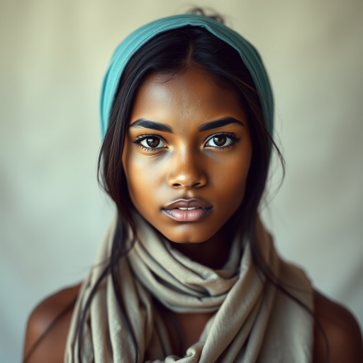 Create a portrait of a young Tahitian woman with long, dark hair and captivating hazel eyes. She is wearing a cyan headscarf and a matching scarf draped gracefully around her neck. The background is softly blurred, focusing attention on her serene and natural expression. The overall color palette is muted and warm, enhancing the intimate and authentic feel of the portrait.