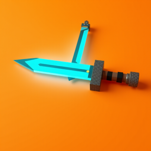 create a 3D render of a pixelated sword with a bright cyan blade and brown hilt, set against a smooth orange background, using a Canon EOS R5 camera with a 50mm f/1.2 lens, f/8 aperture, ISO 100, and a slight vignette for depth.
