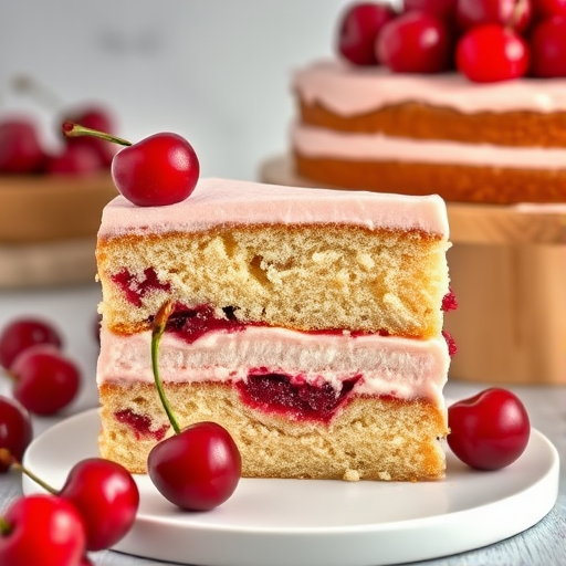 A close-up image of a sliced cake revealing layers of fluffy sponge cake with a rich cherry filling and smooth frosting on top garnished with fresh cherries placed on the side and a wooden cake stand in a softly lit background.
