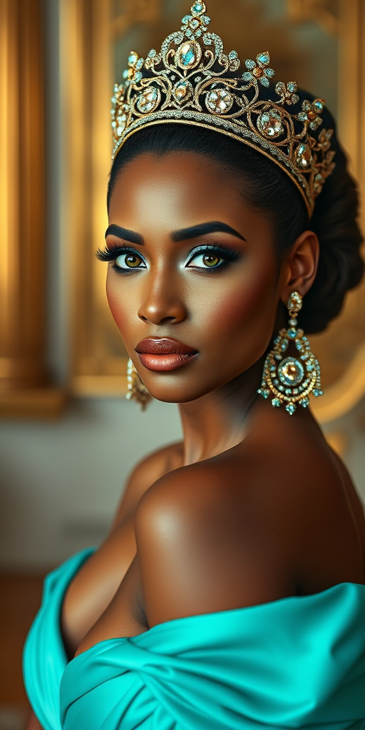 A gorgeous Garifuna woman in a luxurious cyan gown, accessorized with a dazzling tiara and statement earrings, her deep green eyes highlighted by impeccable makeup, poised in a royal setting, photorealistic, 8K quality