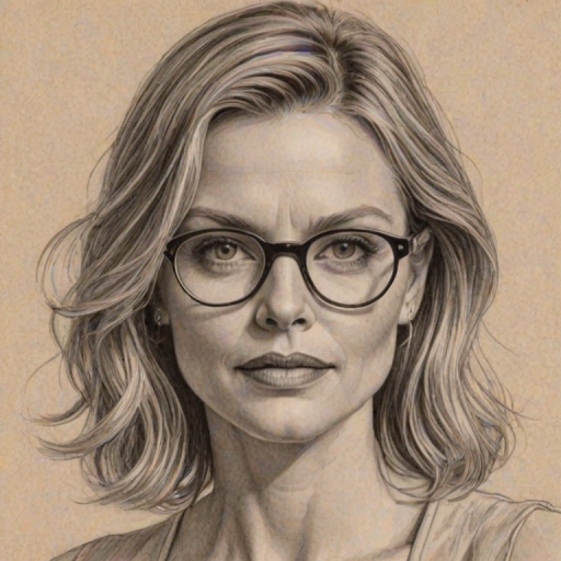 Resplendent Michelle Pfeiffer, pencil sketch, portrait of Wonderful woman 1932s in glasses, hair style beatnik, outline, clear lines, fine lines, 8k