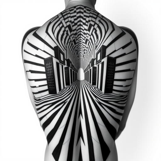Mesmerizing optical illusion body tattoo covering the entire back, creating a three-dimensional effect with precise linework and shading in stark black and white