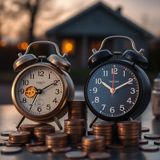 Create an image of two vintage alarm clocks, one with a golden mechanism visible and the other with a classic black face, placed on a table surrounded by stacks of coins, capture the scene during twilight with blurred lights from a house in the background, use a DSLR camera at f/2.8 aperture, ISO 100, shutter speed 1/60s, in a close-up view to emphasize details and enhance image quality.