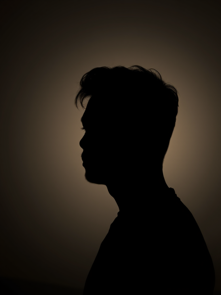 capture a high-quality dark silhouette of a person with intricate details against a soft gradient background, using a DSLR camera with a 50mm lens, aperture set to f/1.8, ISO 200, shutter speed 1/100s, focused on the subject in a portrait view with natural lighting techniques to enhance shadows and highlights