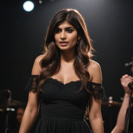 mia khalifa with long, flowing brown hair is standing in the center of the frame, holding a microphone in her right hand, and looking slightly off to the right side of the frame. She is wearing a black, off-the-shoulder dress with delicate lace detailing. The lighting is warm and dramatic, creating a spotlight effect on the singer. There are other figures in the background, blurred and out of focus, suggesting a concert or performance setting. The camera angle is low, capturing the woman from the waist up. The overall atmosphere is intimate and captivating.