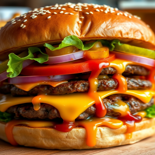 High-resolution, close-up image of a gourmet double cheeseburger. The burger features a glossy, sesame-seed-topped brioche bun. Inside, there are two thick, juicy beef patties, each topped with melted cheddar cheese. The burger is garnished with fresh lettuce, tomato slices, diced onions, and pickles. A generous amount of ketchup and a creamy, orange-colored sauce is dripping down the sides, adding to the mouth-watering appeal. In the background, there are blurred elements including a side of golden French fries and a hint of a beverage, enhancing the overall presentation of a delicious meal.