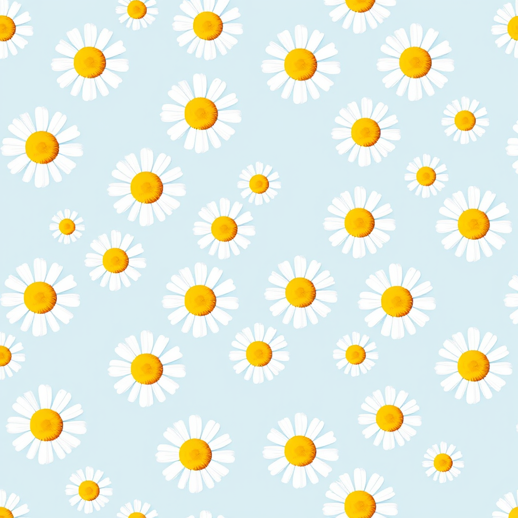 Create a seamless pattern featuring a light blue background filled with white daisies. Each daisy should have a bright yellow center and a simple, clean design. The flowers should be evenly spaced, creating a harmonious and cheerful floral pattern.