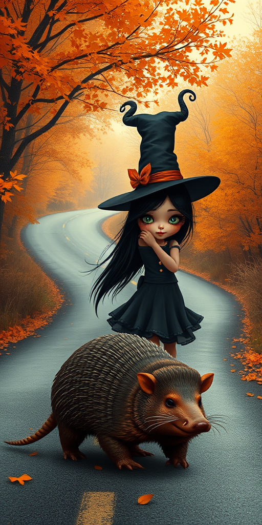 digital art fantasy depicting a strange girl with black hair, long eyelashes, orange lipstick and a tall hat walking along a winding road on an autumn afternoon, an armadillo smiles as he passes