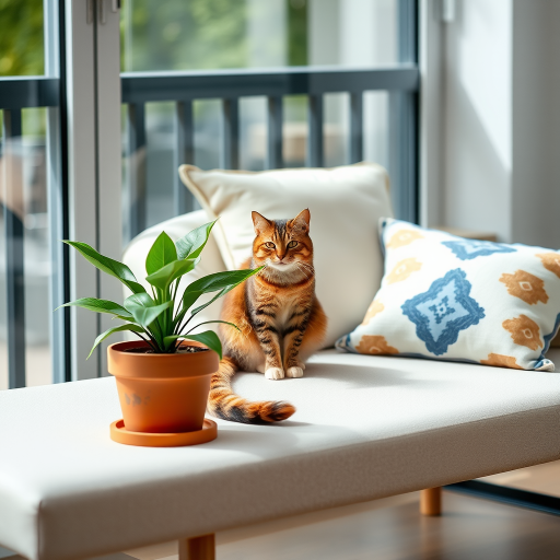 Create a high-resolution image of a cat sitting on a modern chaise lounge with a potted plant beside it and decorative pillows, using a DSLR camera with a 50mm lens, f/2.8 aperture, ISO 100, and natural lighting for enhanced detail and clarity.