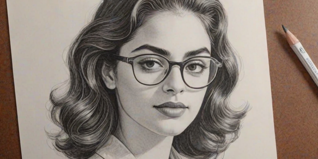 Exquisite Inbar Lavi, pencil sketch, portrait of Beauteous woman 1939s in glasses, hair style beatnik, outline, clear lines, fine lines, 8k