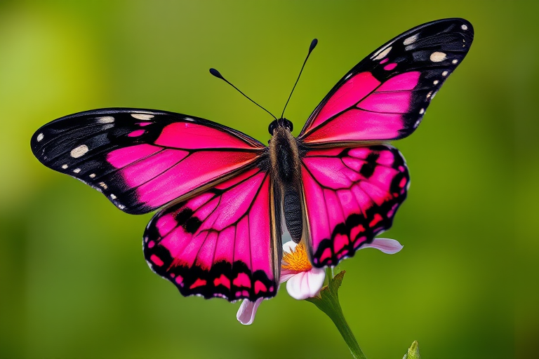 Generate an image of a vibrant butterfly with striking pink and black wings, perched on a delicate flower. The background should be a soft, blurred green, enhancing the butterfly's colors and the beauty of the flower.