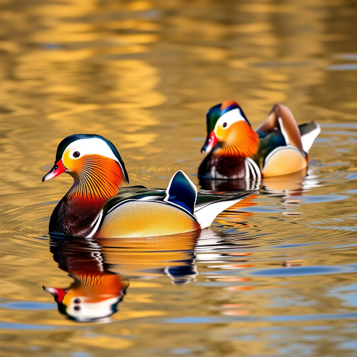 Capture a vibrant scene of a male mandarin duck and a female duck swimming in calm water, with golden reflections on the surface, using a DSLR camera, f/4 aperture, 1/500 shutter speed, ISO 200, 200mm lens, and a shallow depth of field for enhanced clarity and richness in color.