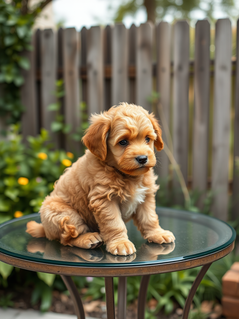Generate an image of a fluffy brown puppy with curly fur sitting on a glass table outdoors surrounded by greenery and a wooden fence in the background. The puppy has a cute expression and is looking slightly to the side.