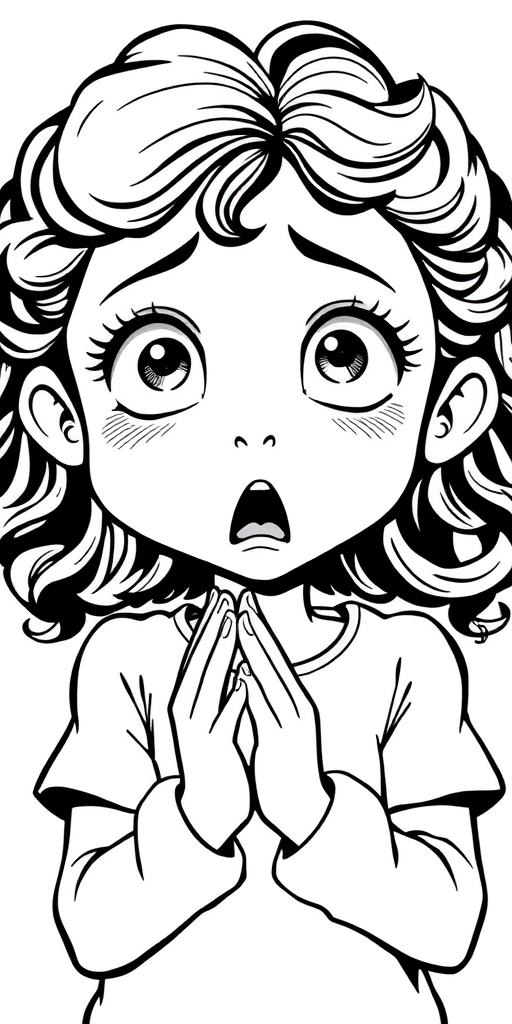 The image is a black and white illustration of a young girl with curly hair. She has a surprised expression on her face with her mouth open and her hands clasped together in front of her chest. Her eyes are wide and her eyebrows are furrowed. Her hair is styled in loose curls that are cascading down her back. The overall mood of the image is one of shock or surprise.