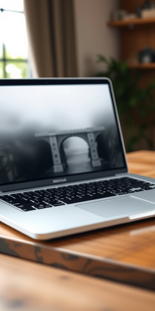Create a high-resolution image of a laptop on a wooden table showcasing a foggy bridge on its screen, captured with a 50mm lens, f/1.8 aperture, ISO 200, and a shallow depth of field for a soft background blur, using a DSLR camera in a natural light setting.