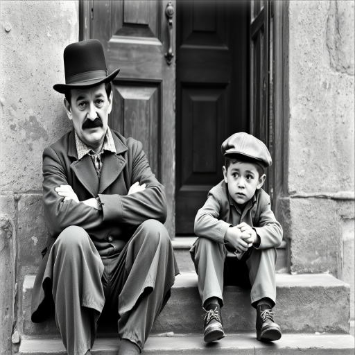 A black-and-white photograph of a man and a child sitting on steps in front of a doorway. The man is dressed as a tramp with a bowler hat, mustache, and ragged clothes, reminiscent of Charlie Chaplin's iconic look. He is sitting with his arms crossed and an expression of slight sadness or frustration. Next to him is a young boy, also in worn clothes and a cap, sitting with his hands clasped, looking thoughtful. The background is an old, textured wall and a partially open door, creating a vintage, early 20th-century atmosphere.