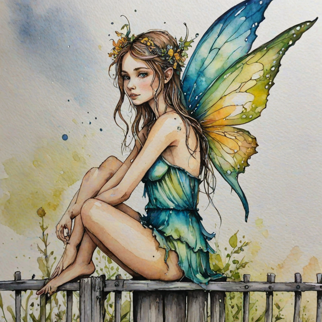 create an image of a fairy from behind sitting on a  fence watercolour and alcohol inks