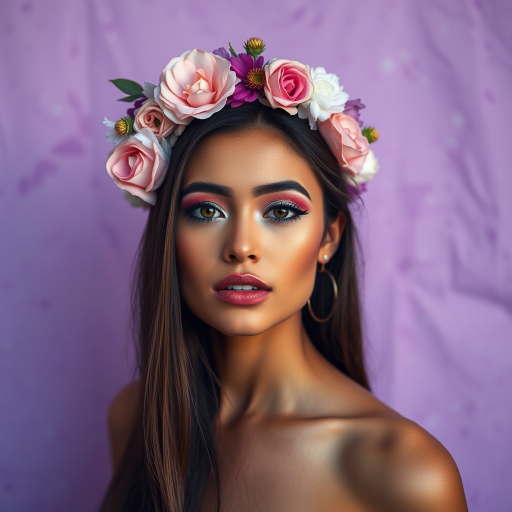 portrait of a woman with a floral crown and vivid makeup against a textured purple background, shot with a Canon EOS 5D Mark IV, 85mm lens, f/1.8, ISO 100, natural light, shallow depth of field, soft focus on background
