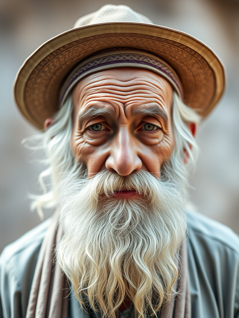 portrait of an elderly man with a long white beard and a wide-brimmed hat, soft focus background, f/1.8 aperture, 50mm lens, natural lighting, shallow depth of field, shot on a full-frame DSLR camera