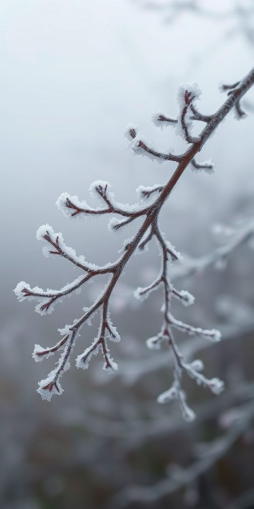 Frozen branches covered in frost creating a delicate pattern against a misty background, shot with a Canon EOS 5D Mark IV, 50mm lens, aperture f/2.8, shutter speed 1/250s, ISO 100, shallow depth of field, soft natural lighting.