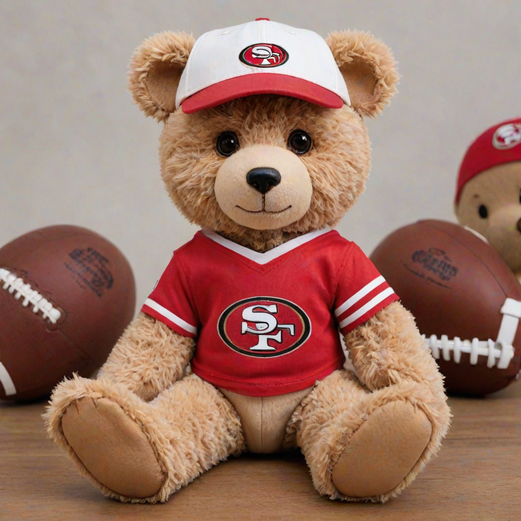 A cute and fluffy teddy bear dressed in a San Francisco 49ers-themed outfit, wearing a red cap with the 49ers logo, aviator sunglasses, and a white football jersey with red accents. The bear is also wearing casual jeans and red and white sneakers, while sitting in a relaxed pose with a football beside it. The teddy bear has a cool, laid-back attitude, with a sporty vibe. The background is clean and minimal, highlighting the bear as the main focus.