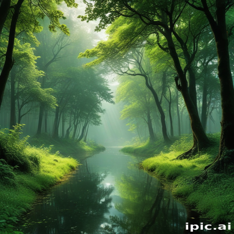 Enchanting Forest Scene with Lush Greenery and Serene Reflective Stream