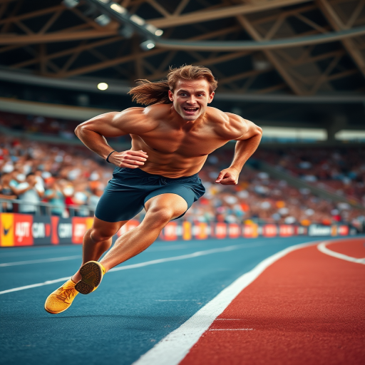 A close-up action shot of a muscular athlete sprinting on a track, captured with a Canon EOS R5, 50mm lens, f/1.8 aperture, ISO 100, 1/1000 sec shutter speed, with vibrant colors and dynamic motion blur, showcasing intense concentration and determination in a stadium filled with cheering spectators.