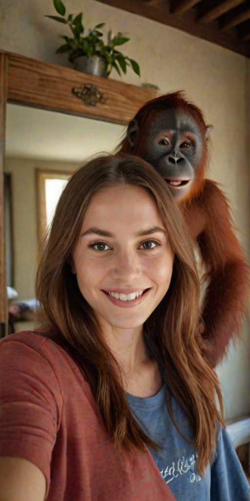 A medium shot selfie photo featuring a young woman and an orangutan, with indoor artificial lighting and a rustic setting captured in clear detail; the image features a warm color palette. The young woman, of Caucasian descent, has a fair skin tone with visible pores and natural texture, and her brown hair is tied back into a neat bun. She has a relaxed expression, smiling slightly as she takes the selfie with her phone, which is visible in the foreground of the mirror reflection. She wears a red shirt with the text "help me", and blue jeans, accessorized with bracelets and a small handbag slung over her shoulder. Standing beside her is an orangutan, slightly shorter in height with characteristic reddish-brown fur, standing comfortably with its gaze directed at the camera. The orangutan's expression is calm. The background shows an old, textured wall with a ladder-like decoration and some lush greenery. The warm artificial lighting adds depth to the scene, emphasizing the rough texture of the walls and the details of the subjects. The overall atmosphere is casual and playful, with the warm tones enhancing the rustic ambiance