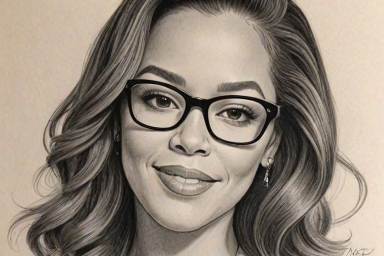 Ravishing Sunny Hostin, pencil sketch, portrait of Gorgeous woman 1943s in glasses, hair style beatnik, outline, clear lines, fine lines, 8k