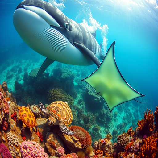 Underwater scene featuring a whale, manta ray, turtle, and starfish, vibrant coral reef, bright colors, wide-angle lens, f/8 aperture, ISO 200, 1/250s shutter speed, shot with a DSLR camera, capturing a lively marine ecosystem.