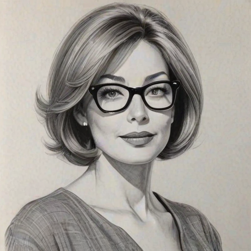 Stunning Sharon Lawrence, pencil sketch, portrait of Fascinating woman 1966s in glasses, hair style beatnik, outline, clear lines, fine lines, 8k