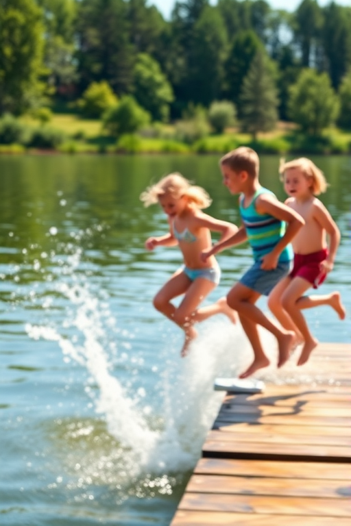 Blurry action shot of a group of kids jumping off a wooden dock into a lake, water splashing around them, summer sunlight reflecting off the water, trees lining the lake in the background, laughter and joy captured in the moment.